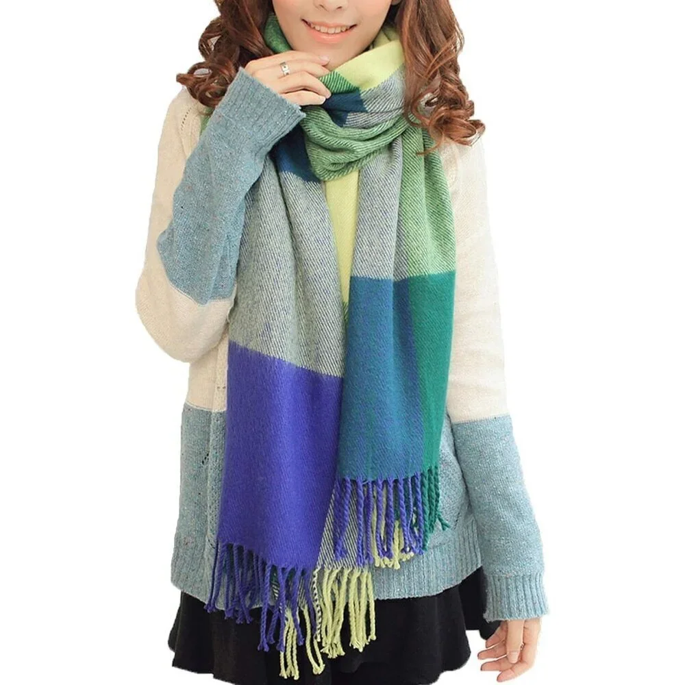 Women's Green Fashion Long Shawl Big Grid Winter Warm Lattice Large Scarf